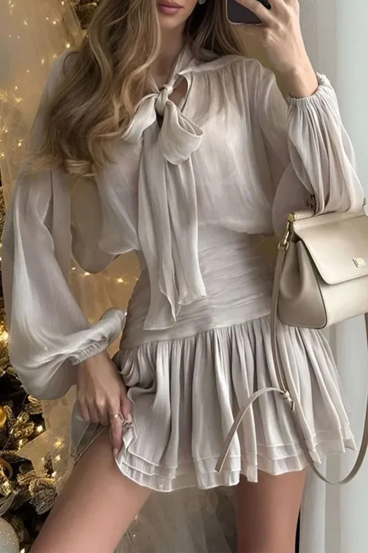 Bow Tie-Up Long-Sleeve Top And Ruched Mini Skirt Set sold by Micas