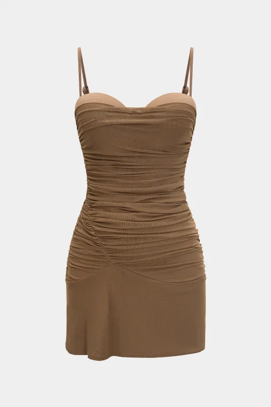 Mesh Asymmetrical Ruched Zipper Slip Sleeveless Mini Dress sold by Micas
