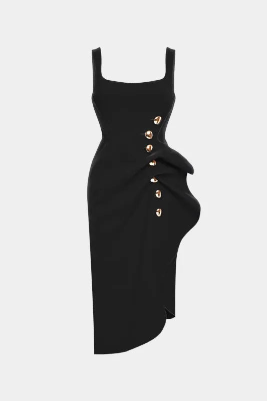 Asymmetrical Metallic Button Backless Ruched Square Neck Midi Dress sold by Micas
