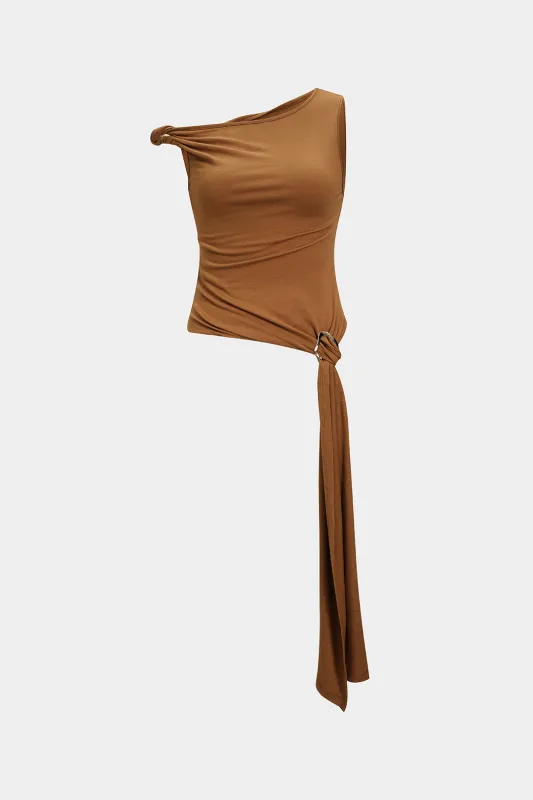 Asymmetrical One Shoulder Twist Knot Ruched Cami Top sold by Micas