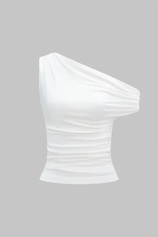 Asymmetrical Shoulder Ruched Sleeveless T-Shirt sold by Micas
