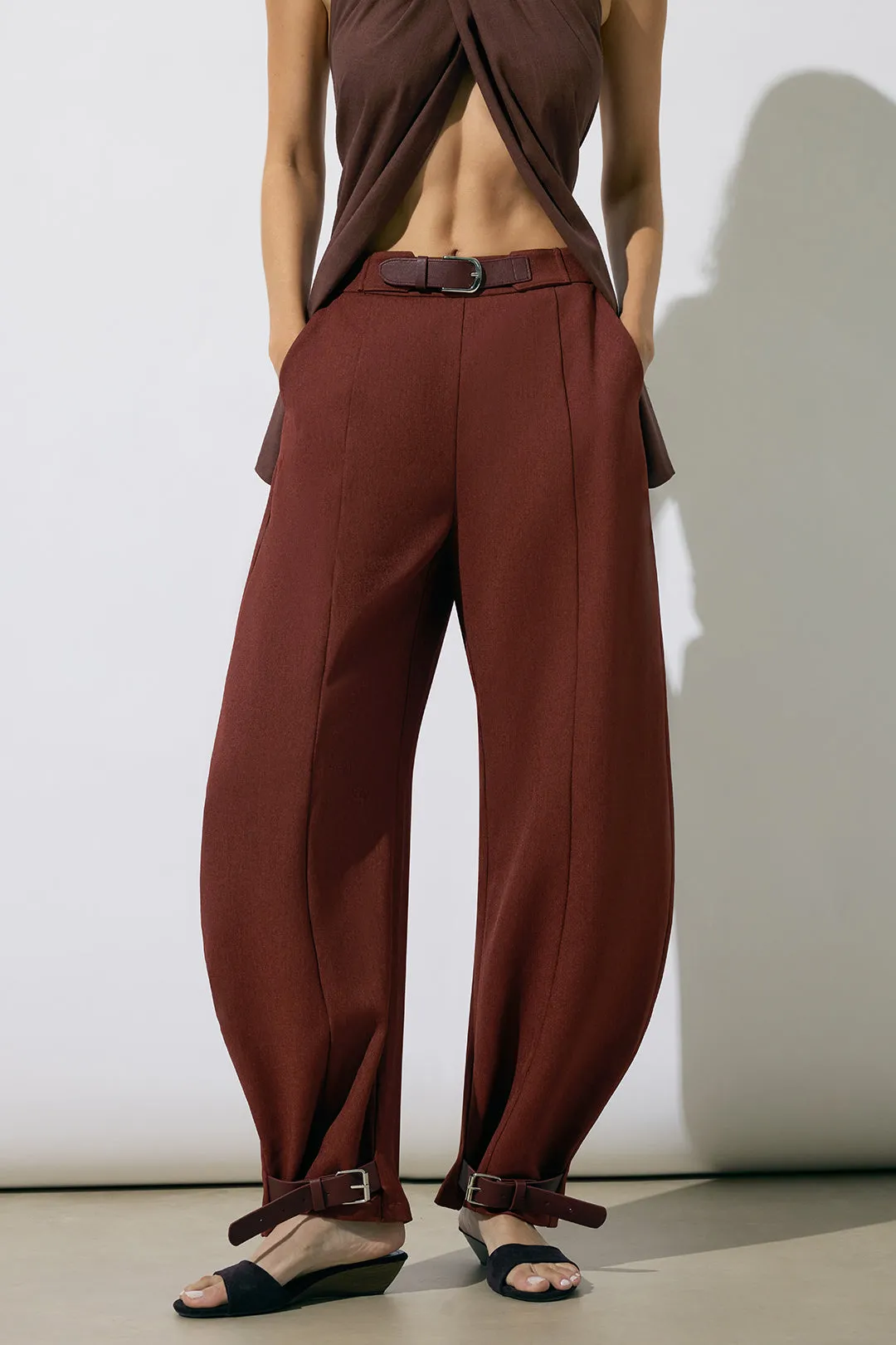 Patchwork Buckle Ruched Trousers sold by Micas