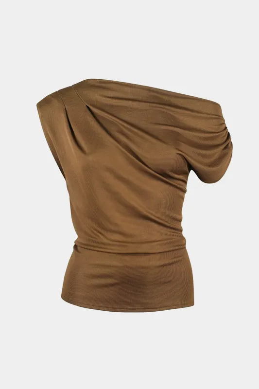 Ruched Asymmetrical Shoulder Bodycon T-Shirt sold by Micas