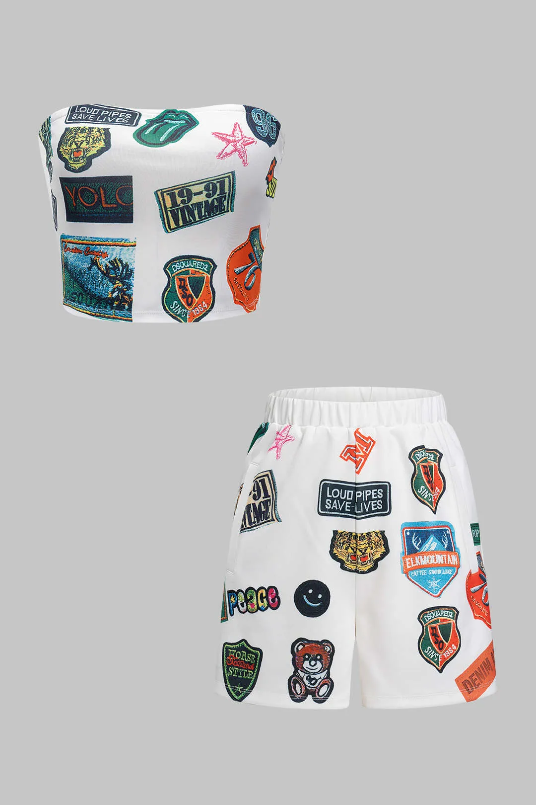 Retro Print Tube Top og High Waist Shorts indstillet sold by Micas