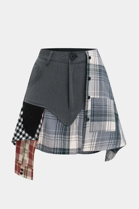 Patchwork plaid print nederdel sold by Micas