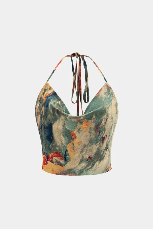 Abstract Tie Dye Print Satin Cowl Neck Tie-Up Cami Top sold by Micas