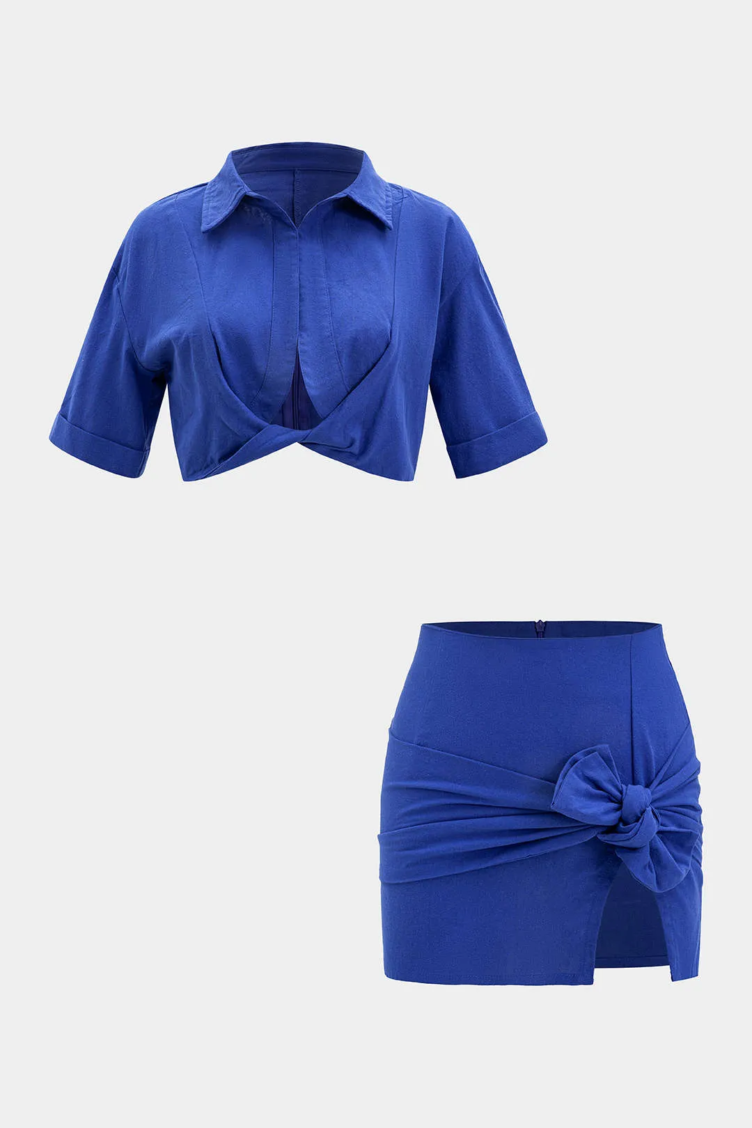 Solid Twist Knot Short-Sleeve Shirt And Tie-Up Skirt Set sold by Micas