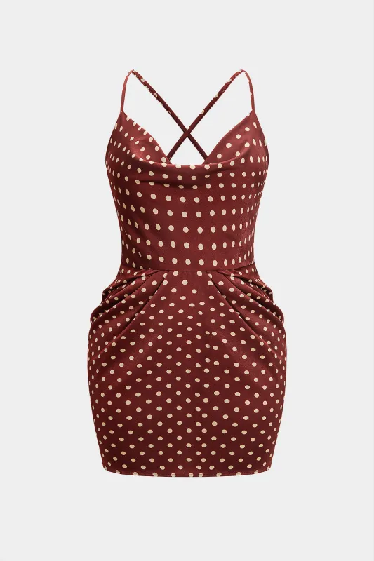 Plus Size Polka Dots Print Draped Cowl Neck Backless Sleeveless Mini Dress sold by Micas