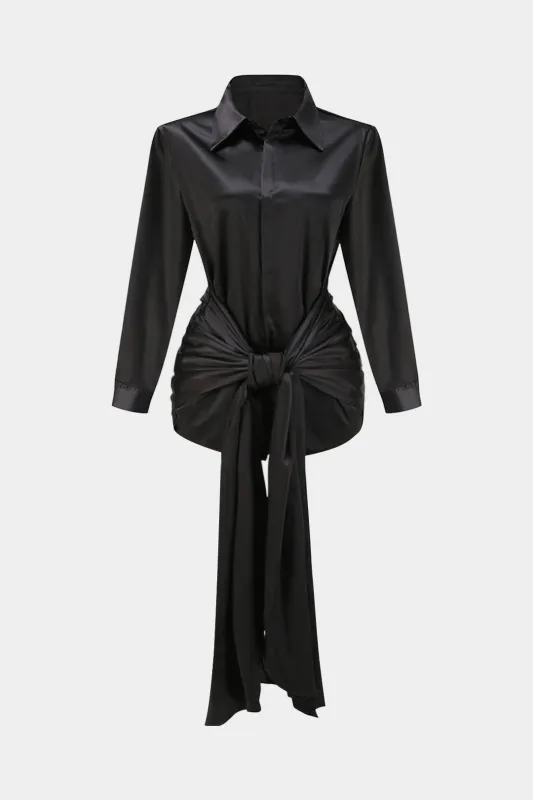 Satin Tie Front Bow Ruched Long Sleeve Mini Dress sold by Micas