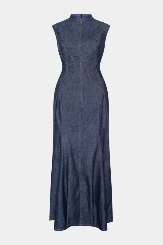 Denim Contrast Whipstitching Ruched Sleeveless Maxi Dress sold by Micas
