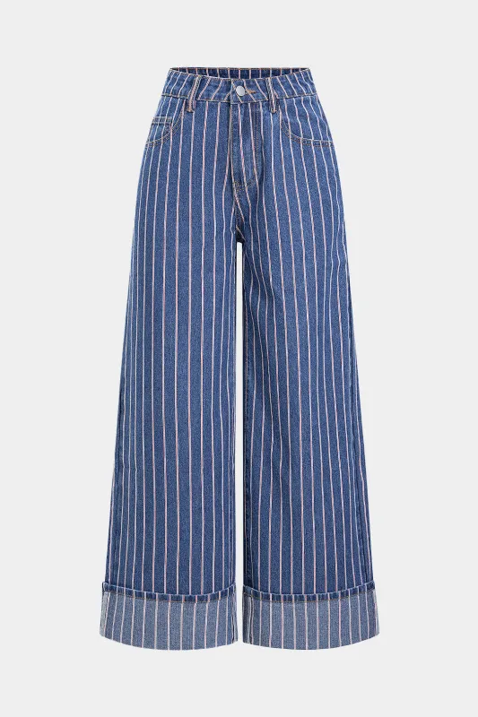 Stripes Print Denim Low Waist Cuffed Jeans sold by Micas