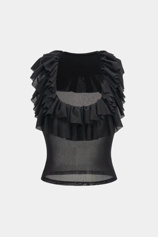 Sheer Ruffle Mesh Neck Tank Top sold by Micas