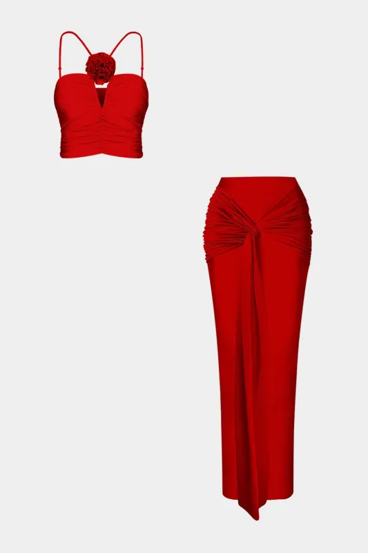 3D Floral Decor Ruched Cami Top And Tie Front Ruched Side Slit Skirt Set sold by Micas