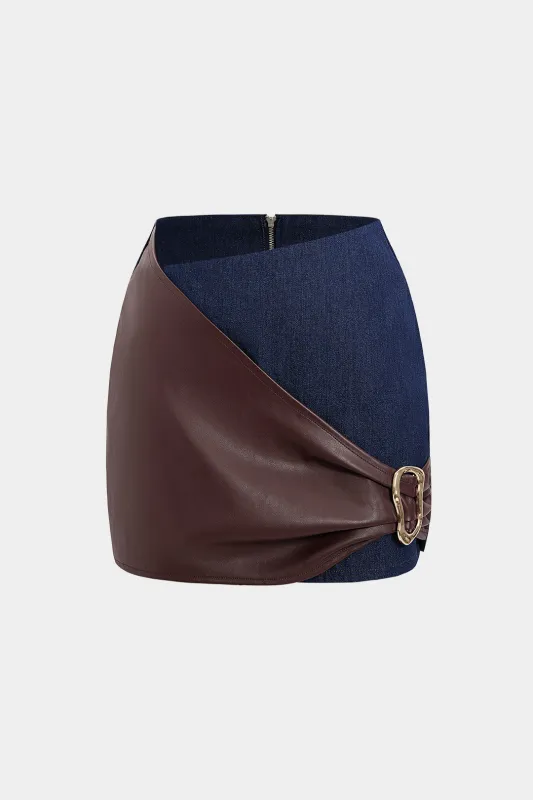 Denim Faux Leather Patchwork Ruched Mini Skirt sold by Micas