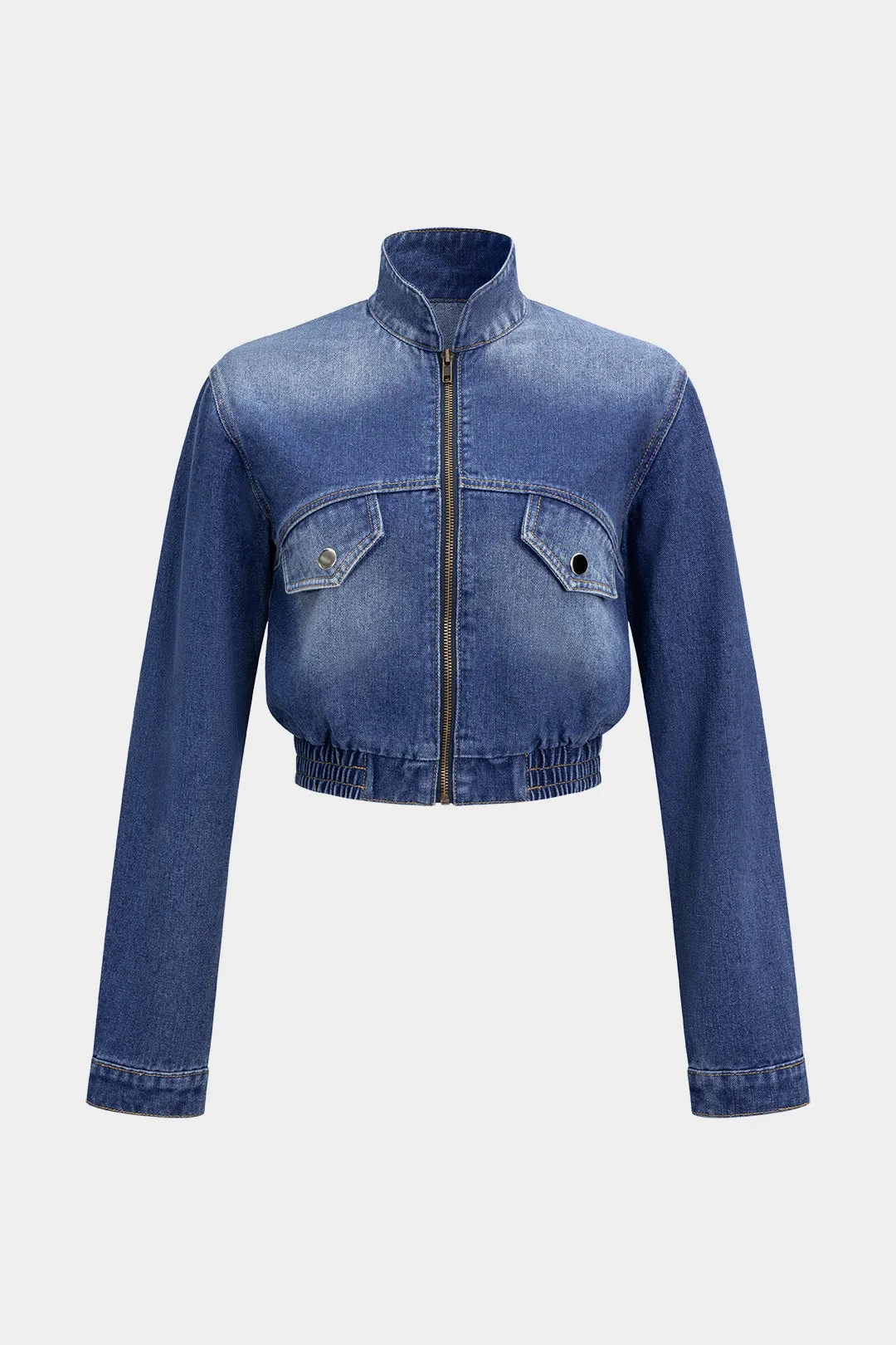 Denim Pocket Shirred Zipper Outerwear sold by Micas