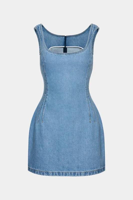 Denim Ruched Sleeveless Mini Dress sold by Micas