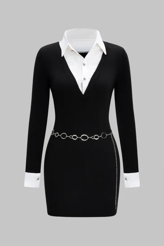 Patchwork Contrast Metallic Belted Long Sleeve Mini Dress sold by Micas