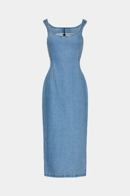 Denim Ruched Slit Sleeveless Maxi Dress sold by Micas