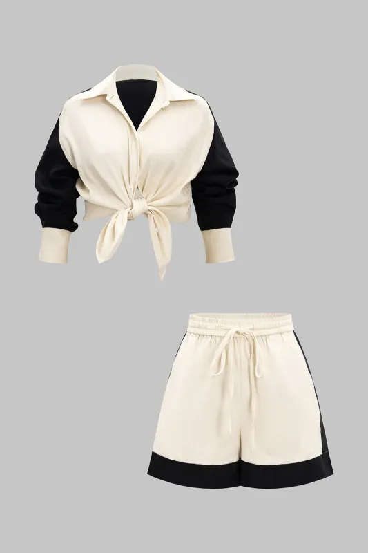 Linen Contrast Button Long-Sleeve Shirt And Drawstring Shorts Set sold by Micas