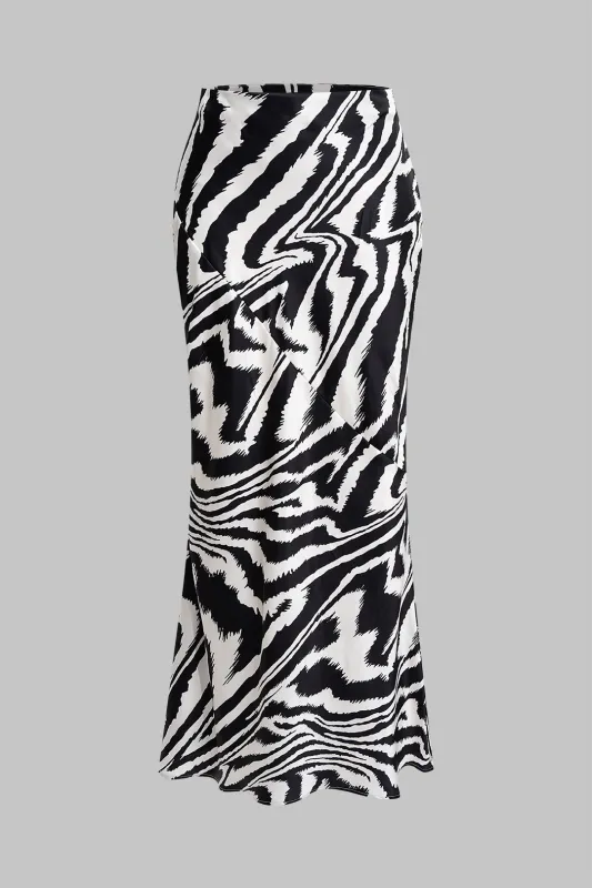 Contrast Abstract Print Satin Ruched Zipper Skirt sold by Micas