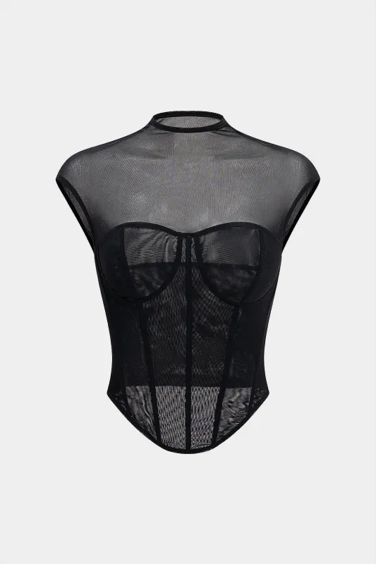 Patchwork Mesh Splicing Corset Sleeveless T-Shirt sold by Micas
