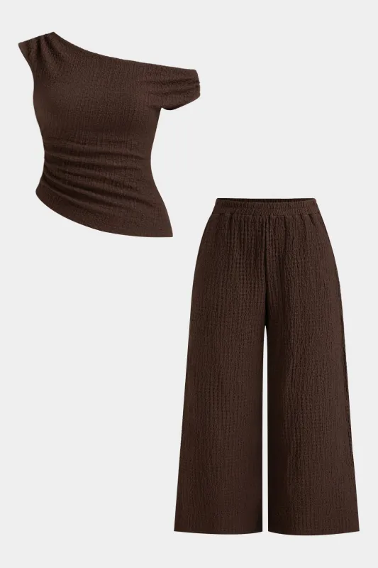 Plus Size Texture Asymmetrical Shoulder Ruched Short-Sleeve T-Shirt And High Waist Trousers Set sold by Micas