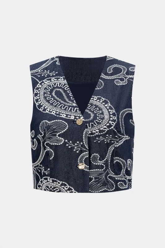 Embroidery V-Neck Button Vest sold by Micas