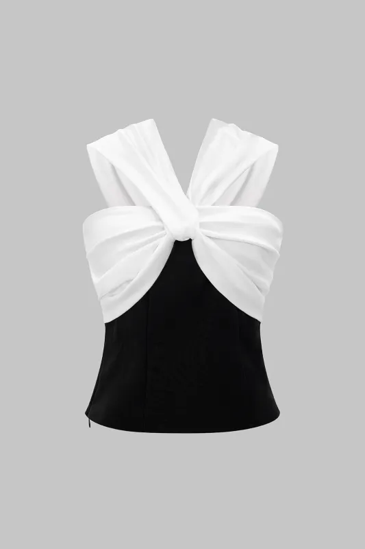 Ruched Contrast Twist Knot Short-Sleeveless Top sold by Micas
