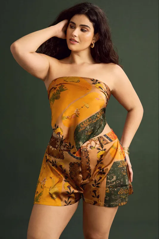 Plus Size Retro Print Satin Tie Front Tube Top sold by Micas