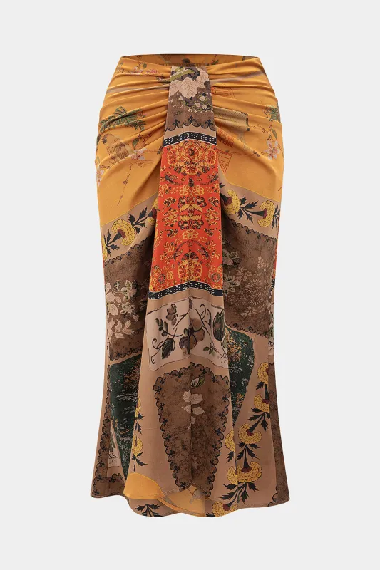 Plus Size Retro Print Satin Tie Front Skirt sold by Micas