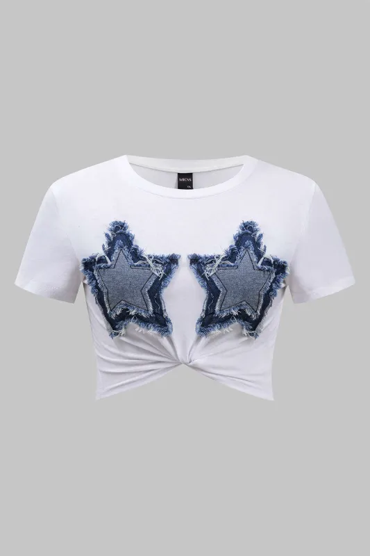 Plus Size Round Neck Denim Patchwork Short Sleeve T-Shirt sold by Micas