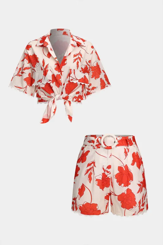 Floral Print Linen Tie-Up Shirt And Belted Shorts Set sold by Micas