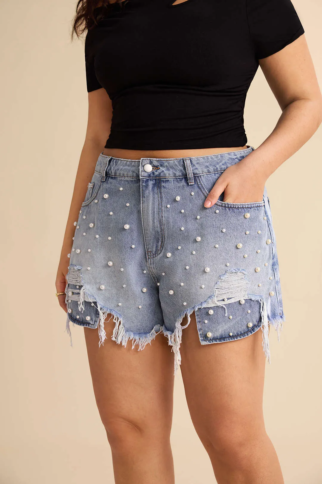 Plus Size High Waist Beaded Denim Shorts sold by Micas