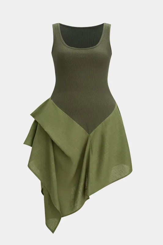 Plus Size Linen Ruched Patchwork Asymmetrical Sleeveless Mini Dress sold by Micas