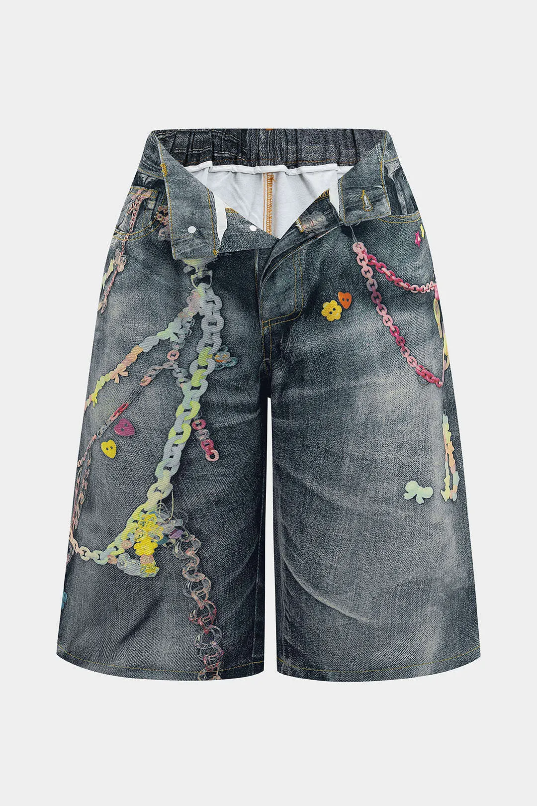 Plus størrelse kæde print denim brede ben shorts sold by Micas