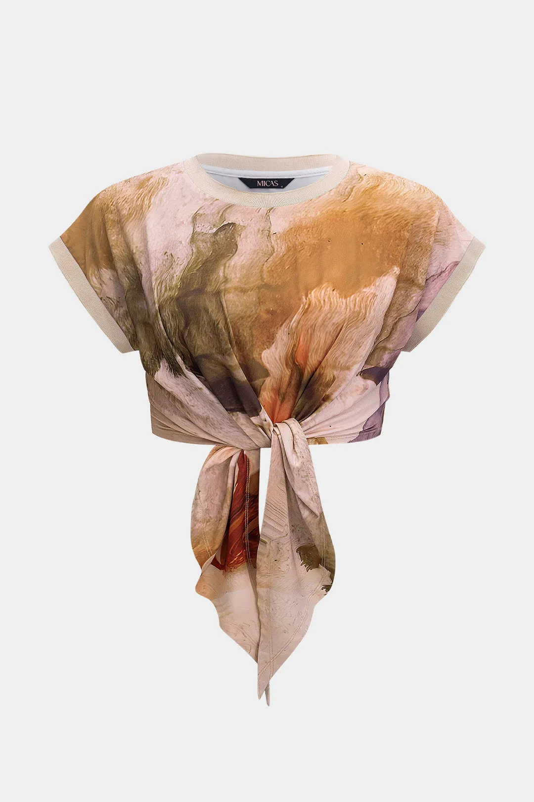 Plus størrelse retro print ruched twist knude kortærmet t-shirt sold by Micas