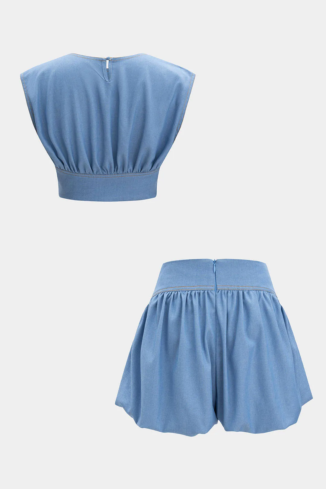 Denim Ruched tank top og lynlås detaljerede shorts sæt sold by Micas product image thumbnail 2