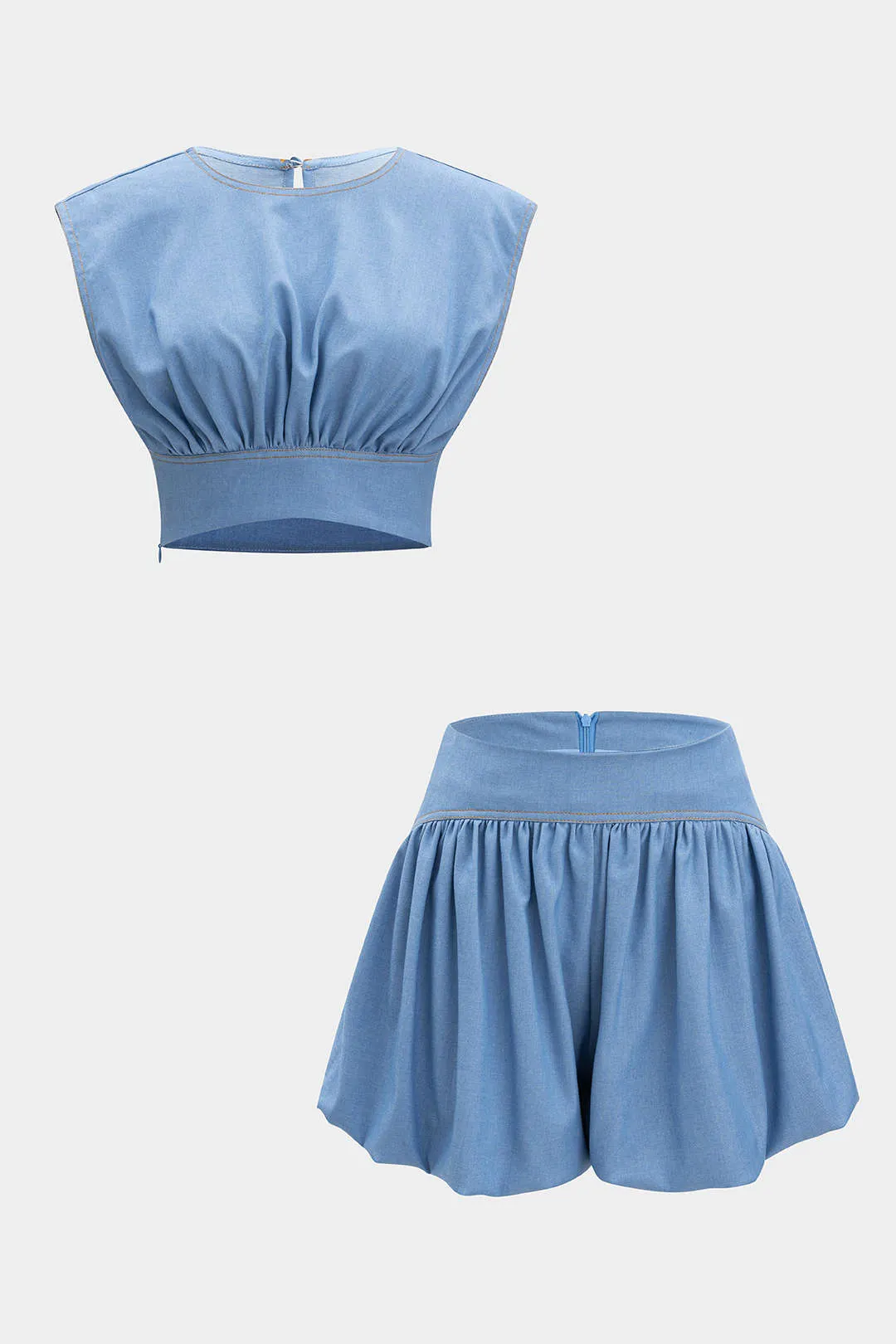 Denim Ruched tank top og lynlås detaljerede shorts sæt sold by Micas