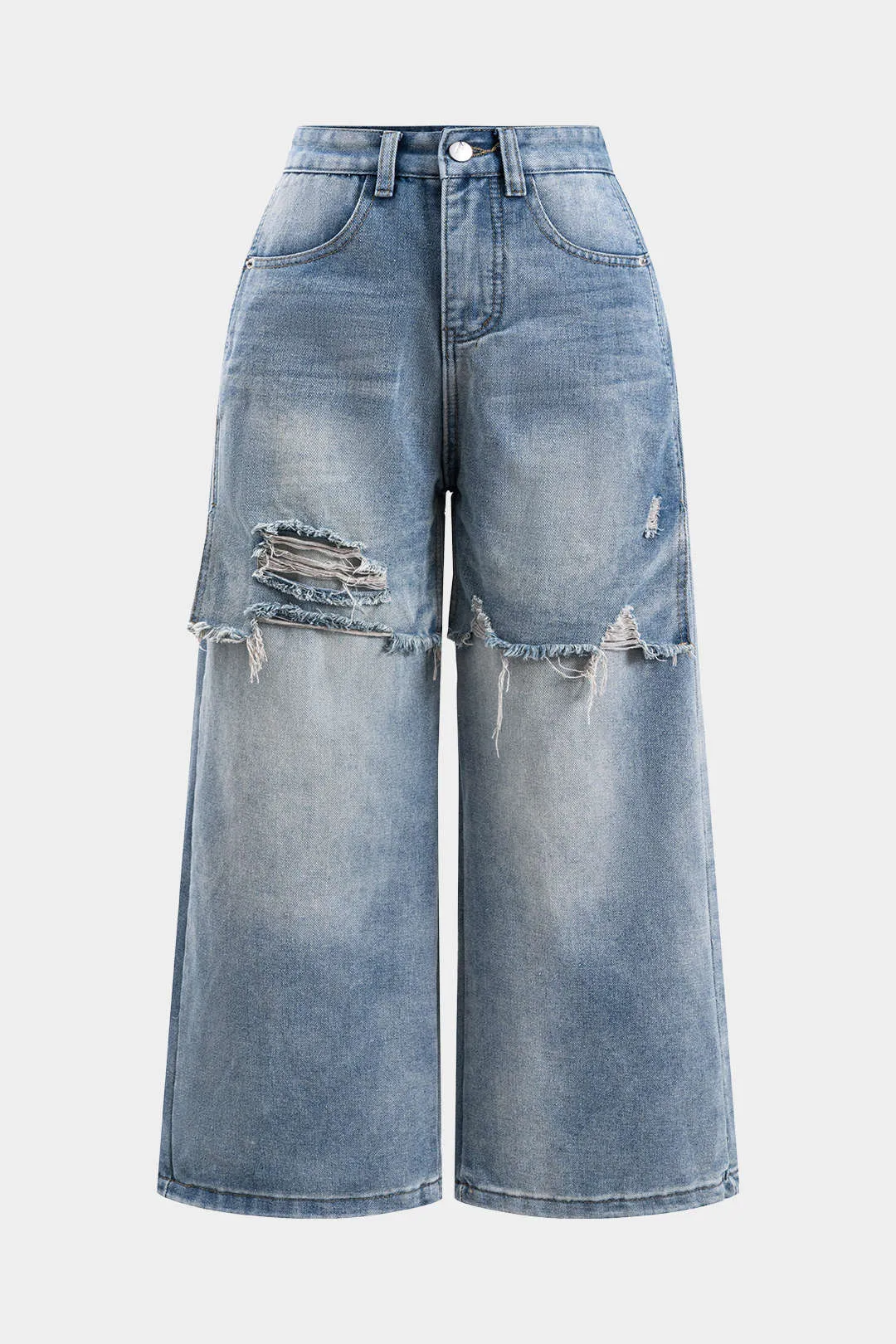 Plus størrelse denim flod flossede patchwork lige ben jeans sold by Micas