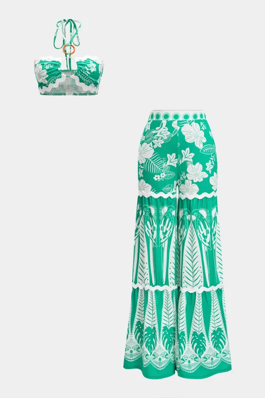 Blomsterblade Print Halter Neck To-Up Ring Decor Tank Top and Wide Leg Bukser Set sold by Micas