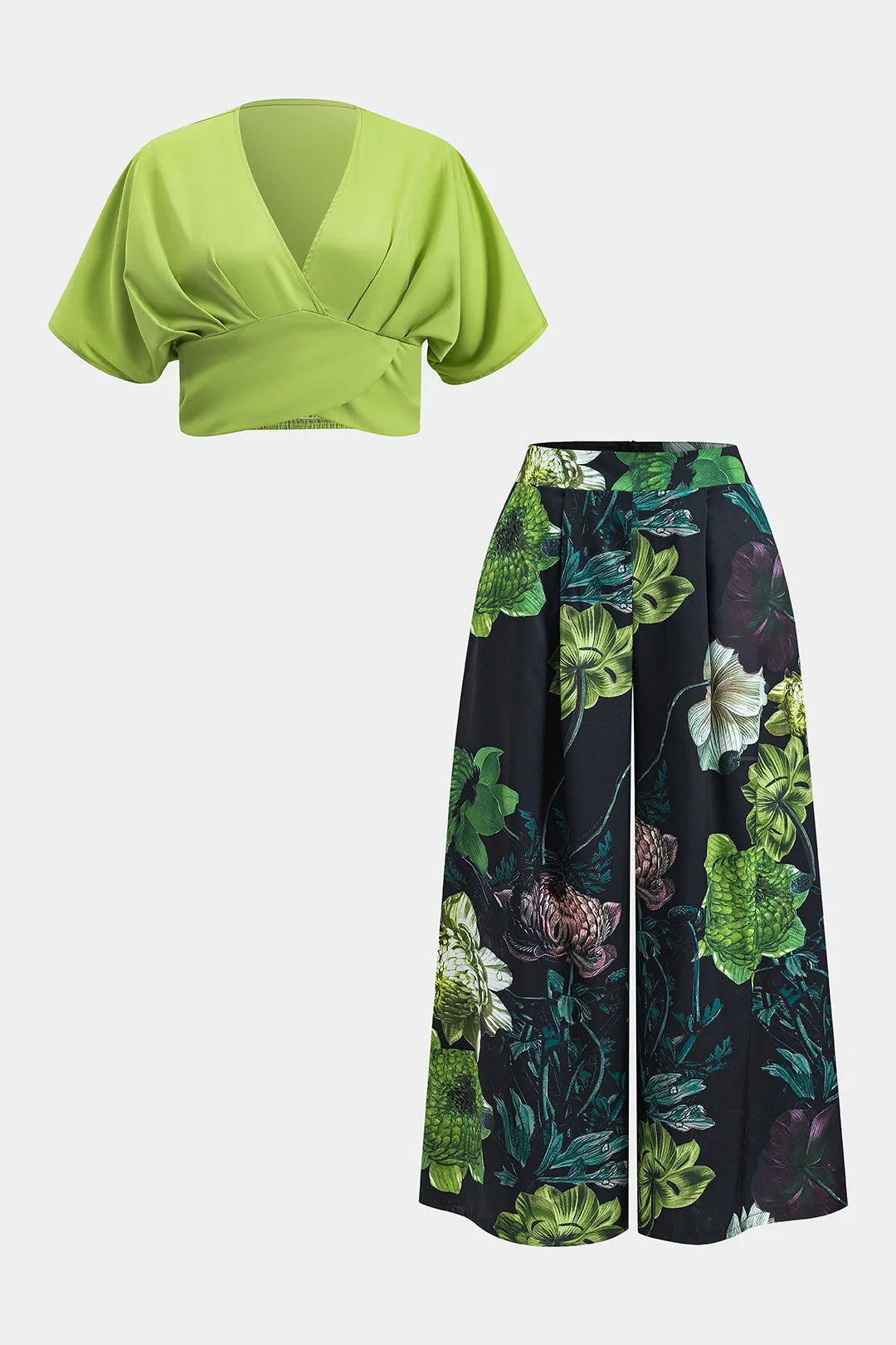 Plus-størrelse V-hals Ruched Tank Top og Floral Print Bukser Set sold by Micas