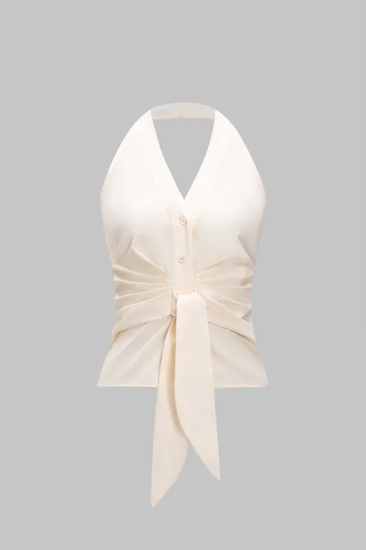 V-hals halter hals ruched binding ærmeløs cami top sold by Micas