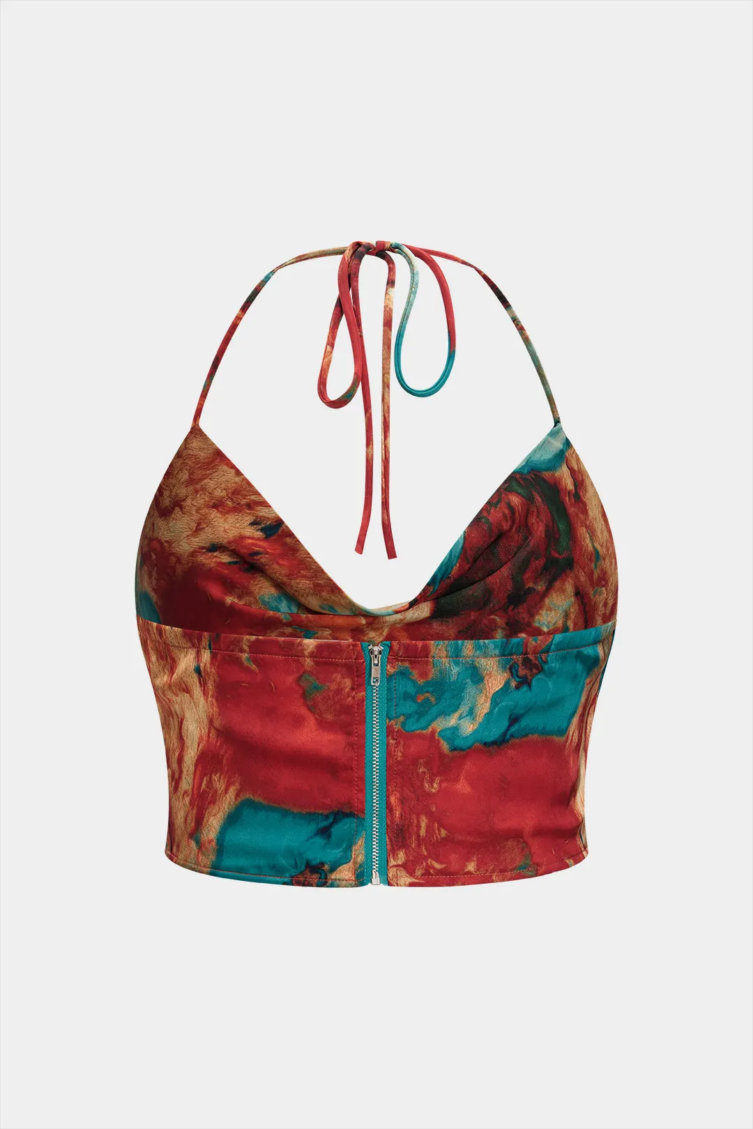 Plus størrelse satin abstrakt mønster lynlås cowl hals halter hals binding cami top sold by Micas product image thumbnail 2