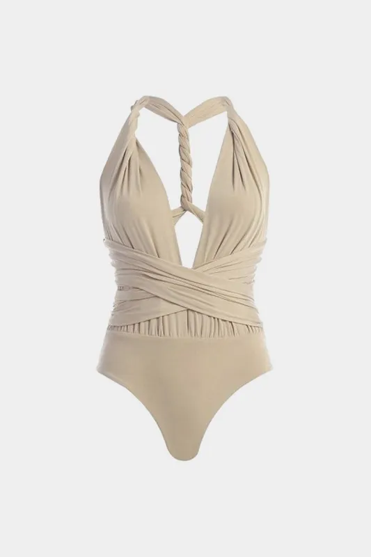 Ruched V-Neck Twist Knot Crossed Sleeveless Bodysuit sold by Micas