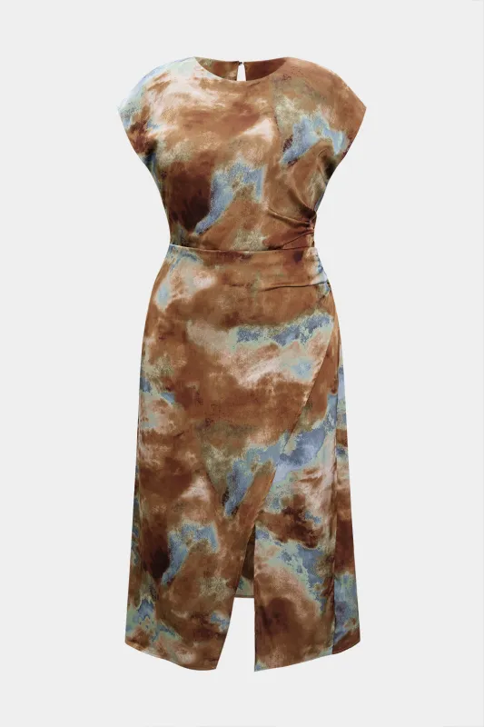 Plus Size Abstract Print Satin Zipper Ruched Short Sleeve Midi Dress sold by Micas
