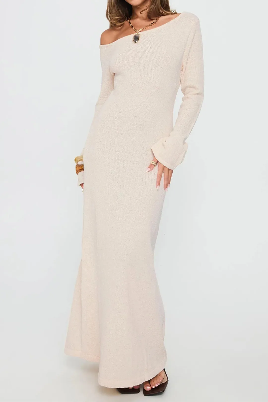 Bell Sleeve Asymmetrical Shoulder Long Sleeve Maxi Dress sold by Micas