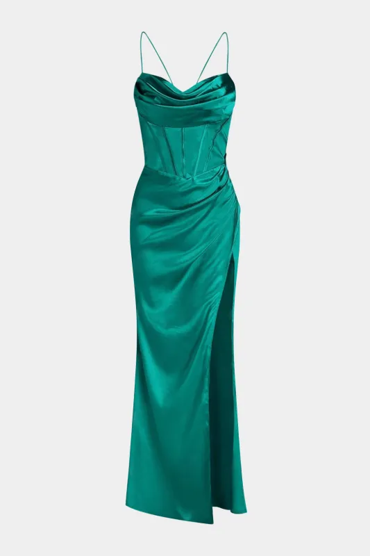 Satin Corset Sleeveless Cowl Neck Side Slit Maxi Dress sold by Micas