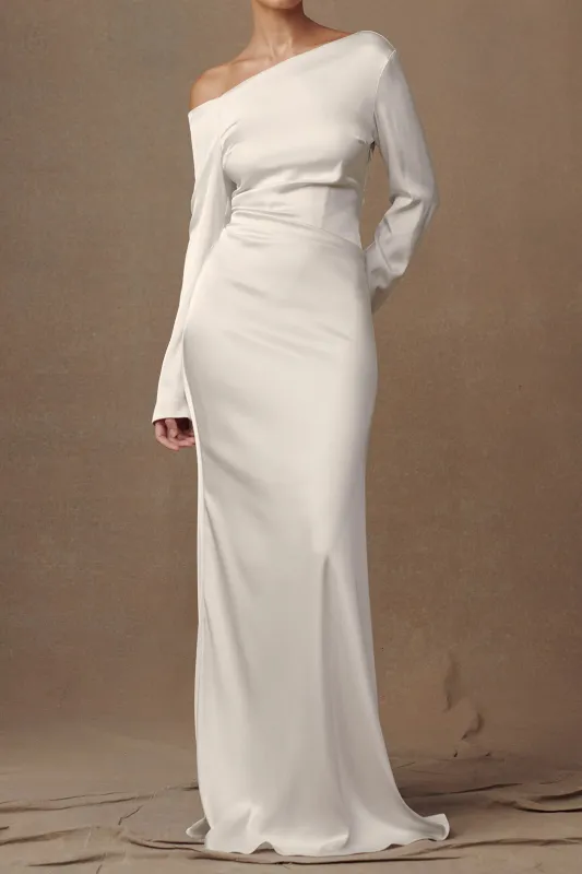 Satin Button Asymmetrical Shoulder Ruched Long Sleeve Maxi Dress sold by Micas