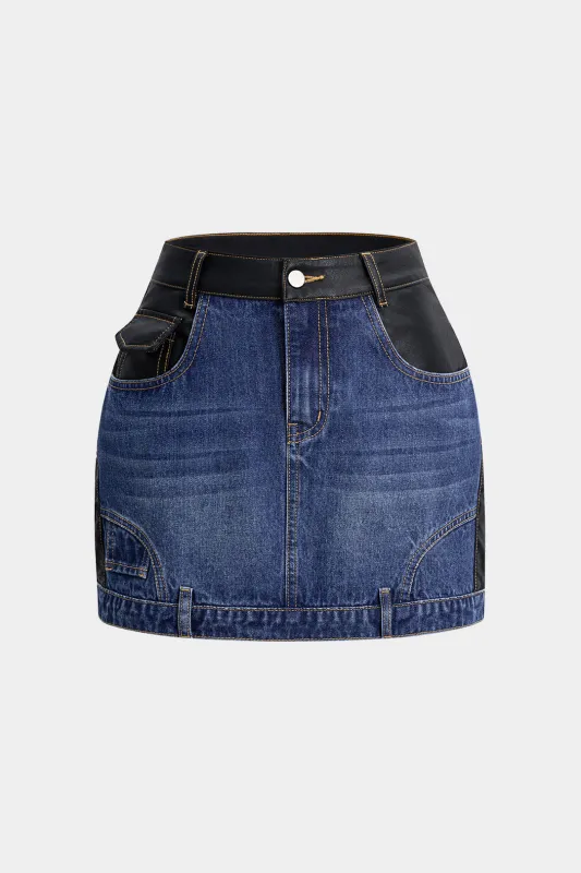 Faux Leather Patchwork Denim Skirt sold by Micas