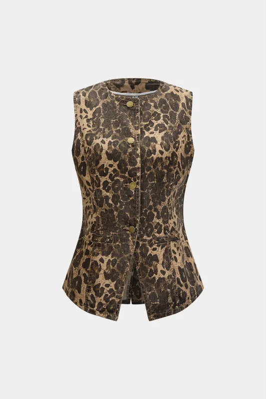 Leopard Print Denim Button Fake Pockets Tank Top sold by Micas